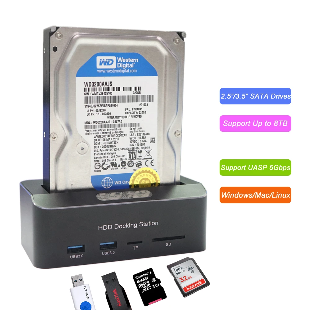 external hard drive box External 2.5"/3.5" USB 3.0 5Gbps SATA Hard Drive Docking Station HDD SSD Box With 2 x USB 3.0 Hub TF/SD Card Reader Support UASP hard disk box 3.5