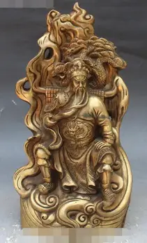 

13" Old Chinese Bronze Pine Tree Seat Guangong Guan Gong Yu Warrior God Statue