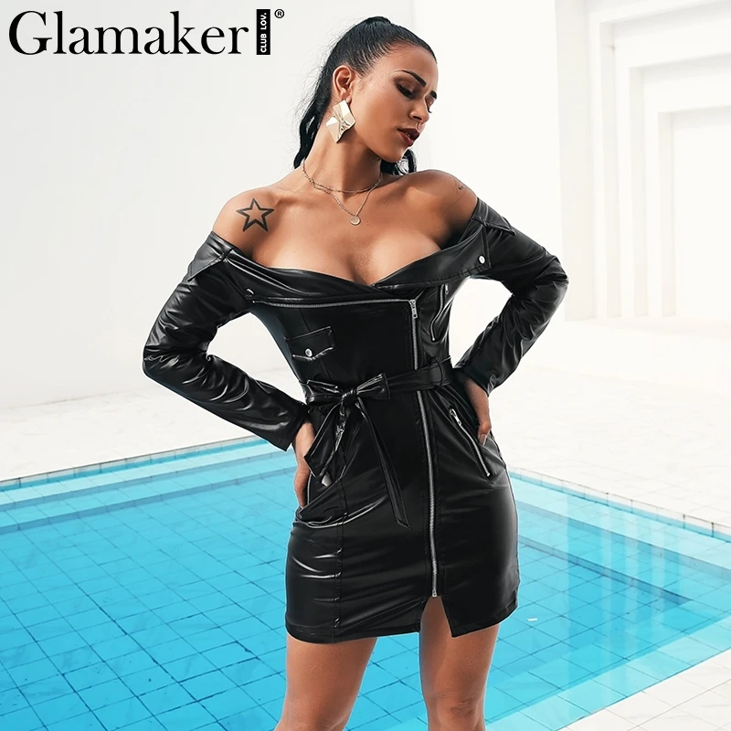 Goede Glamaker Punk lederen bodycon sexy jurk Vrouwen off shoulder rits mini korte jurk Herfst winter sash club robe party dress2018