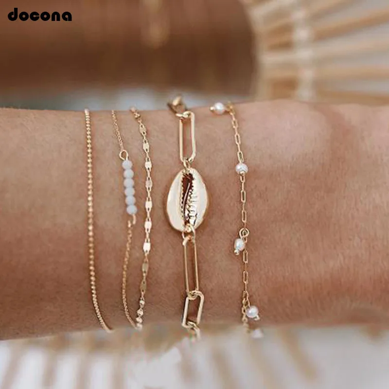 

Docona Beach Gold Color Beads Shell Pearl Multilayer Bracelet Bangle Set for Women Charm Anklet Set Party Jewelry Gift A09401