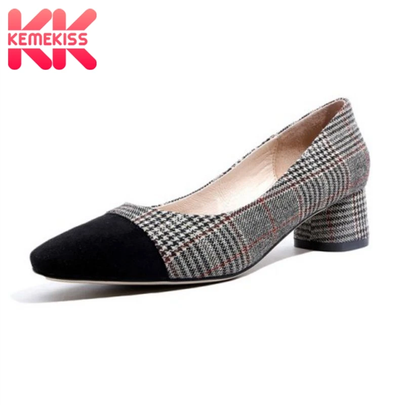 

KemeKiss Vintage Women Real Genuine Leather High Heel Shoes Women Plaid Patchwork Thick Heel Pumps Women Footwears Size 33-40