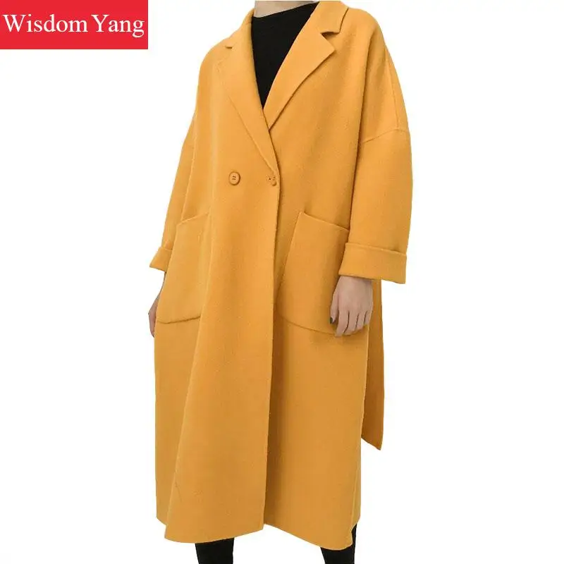 

Elegant Winter Warm Coat Yellow Black Navy Sheep Wool Coats Womens Long Oversize Belt Woolen Casual Big Coat Overcoat Outerwear