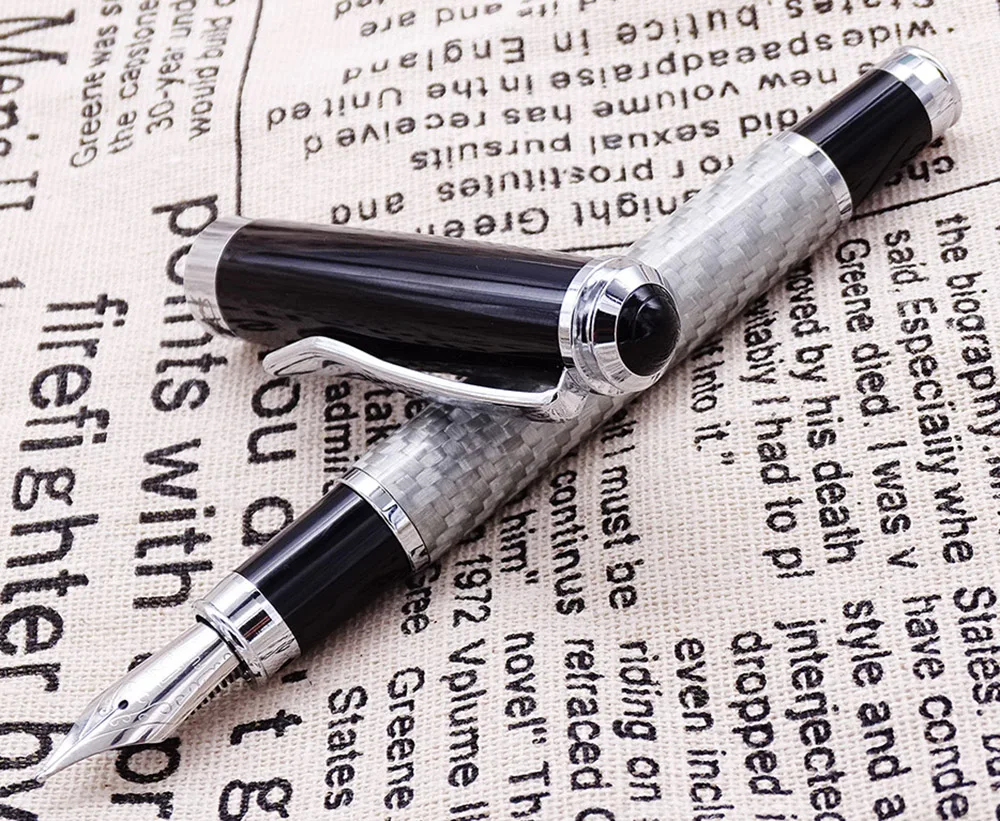 Fuliwen Carbon Fiber Fashion Fountain Pen Medium Nib 0.7mm , Advanced Little Silver Grid and Black Cap Advanced Writing Pen