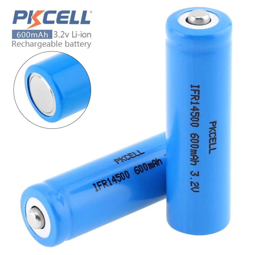 

2pcs Pkcell 14500 Lithium Battery IFR 3.2V 600mAh Li-ion Rechargeable Battery with Safety Relief Valve for Flashlight Headlamp