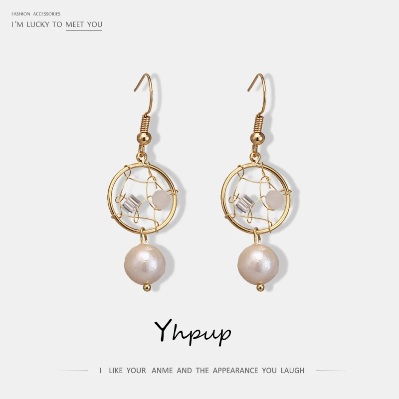 

Yhpup Trendy Korean Round Geometric Copper Drop Earrings Natural Pearls Dream Lucky Jewelry for Girl Party Jewelry Accessories