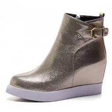 Gold Silver Black 2017 Fashion Sequined Cloth Side Zipper Ankle Boots For Women Pointed Toe Elevator Shoes Platform Wedge Boots