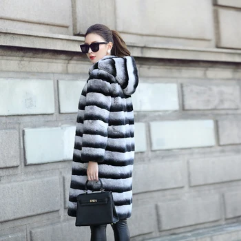 

Winter Jacket Women Casual 2020 Real Fur Long Coat Natural Rex Rabbit Fur Outerwear Hood Thick Warm Streetwear Striped Casual
