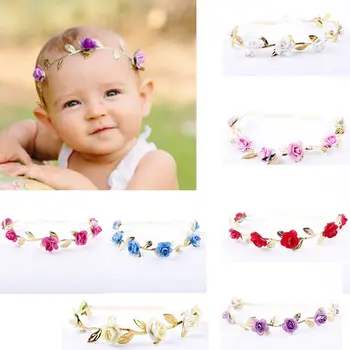 

Cute Newborn Baby Girl Rose Floral Headband Toddler Elastic Gold Leaf Hairband Accessories Party Wear Flower Headband