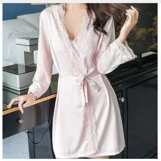 1620 Women's Satin Silk Woman Lace Robe Female Lace Bathrobe Womens Robes Sleepwear Ladies Sexy Robe For Women