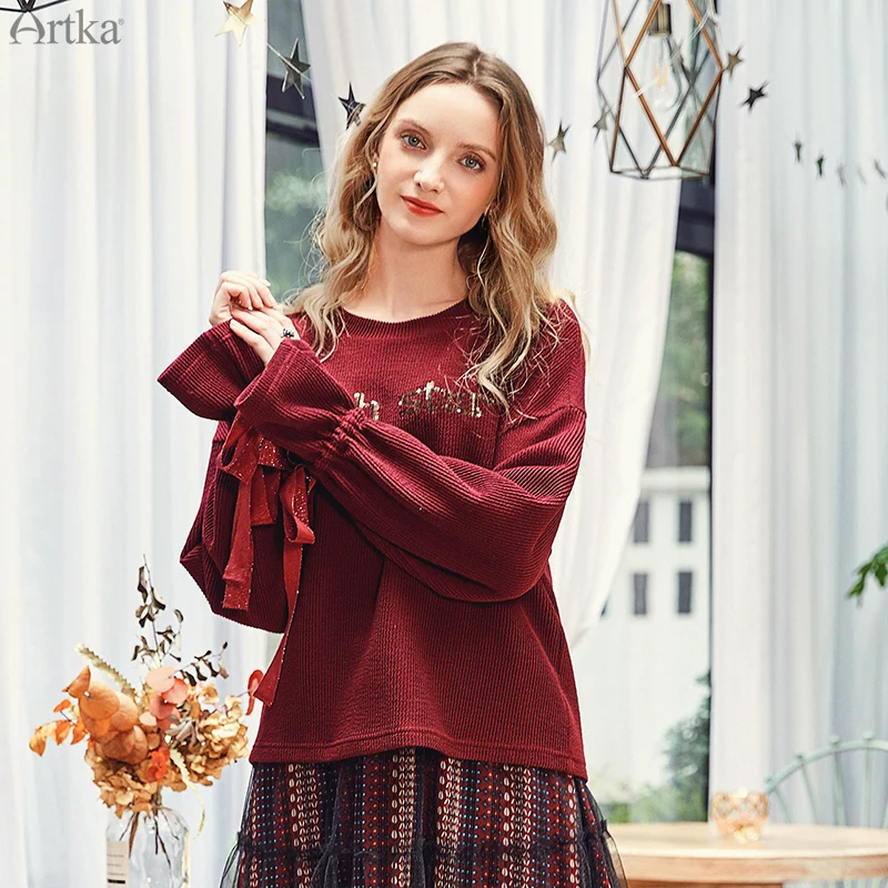 Женская футболка ARTKA Повседневная Свободная с длинным рукавом и круглым вырезом