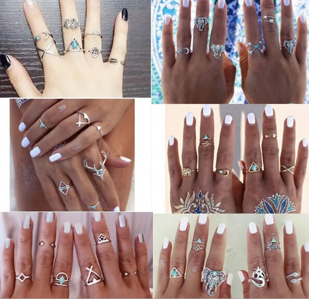 

38pcs/Set Women Bohemian Vintage Silver Stack Rings Above Knuckle Blue Rings Set Engagement rings for women Engagement PartyJ.10
