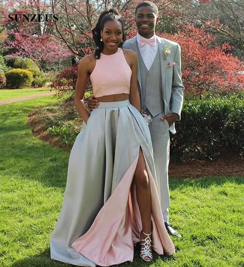 Pink Grey Prom Dresses Contrast Color Two Pieces Party Gowns Long Satin  Side Slit Girls Wear Vestidos Cerimonia - AliExpress