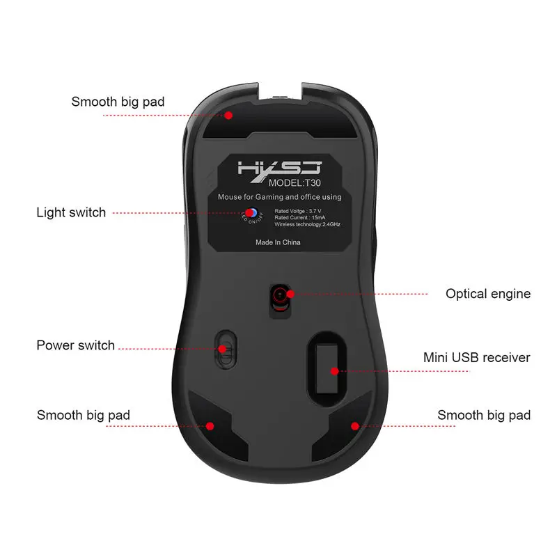 Hxsj T30 Беспроводной игровой Мышь 3600 точек/дюйм Перезаряжаемые 7 цветов Подсветка дыхание комфорта Gamer мыши для настольных компьютеров и