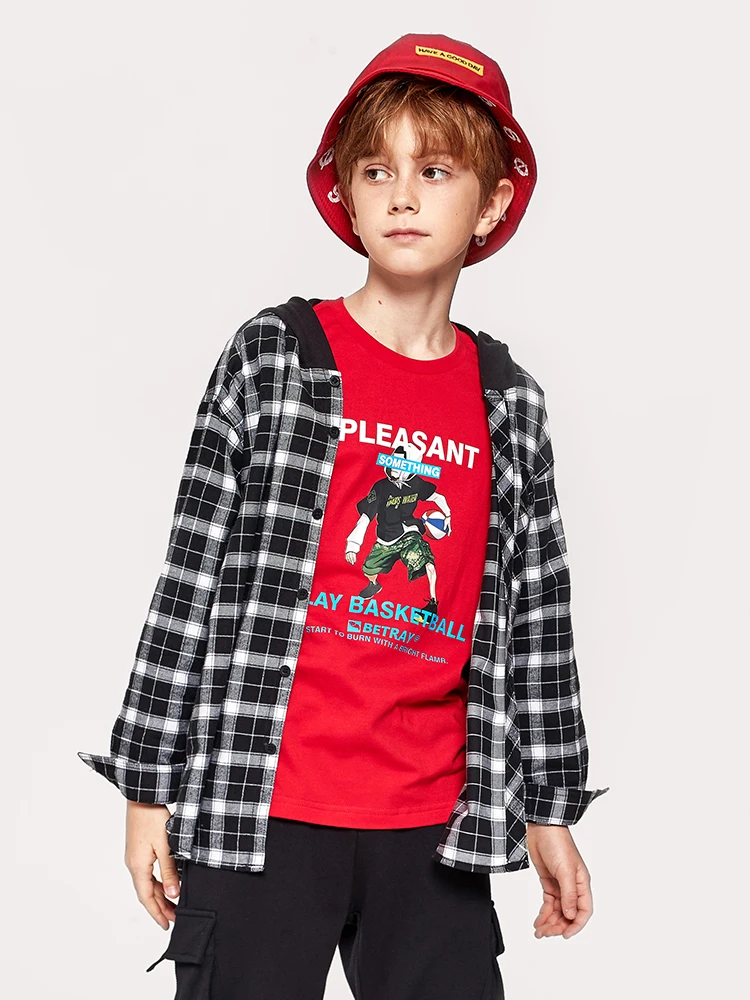 

Balabala Boys Plaid Shirt Jacket Hooded Shirt Children Teenager Boys Shirt with Contrasted Hood Spring Autumn Clothes Clothing