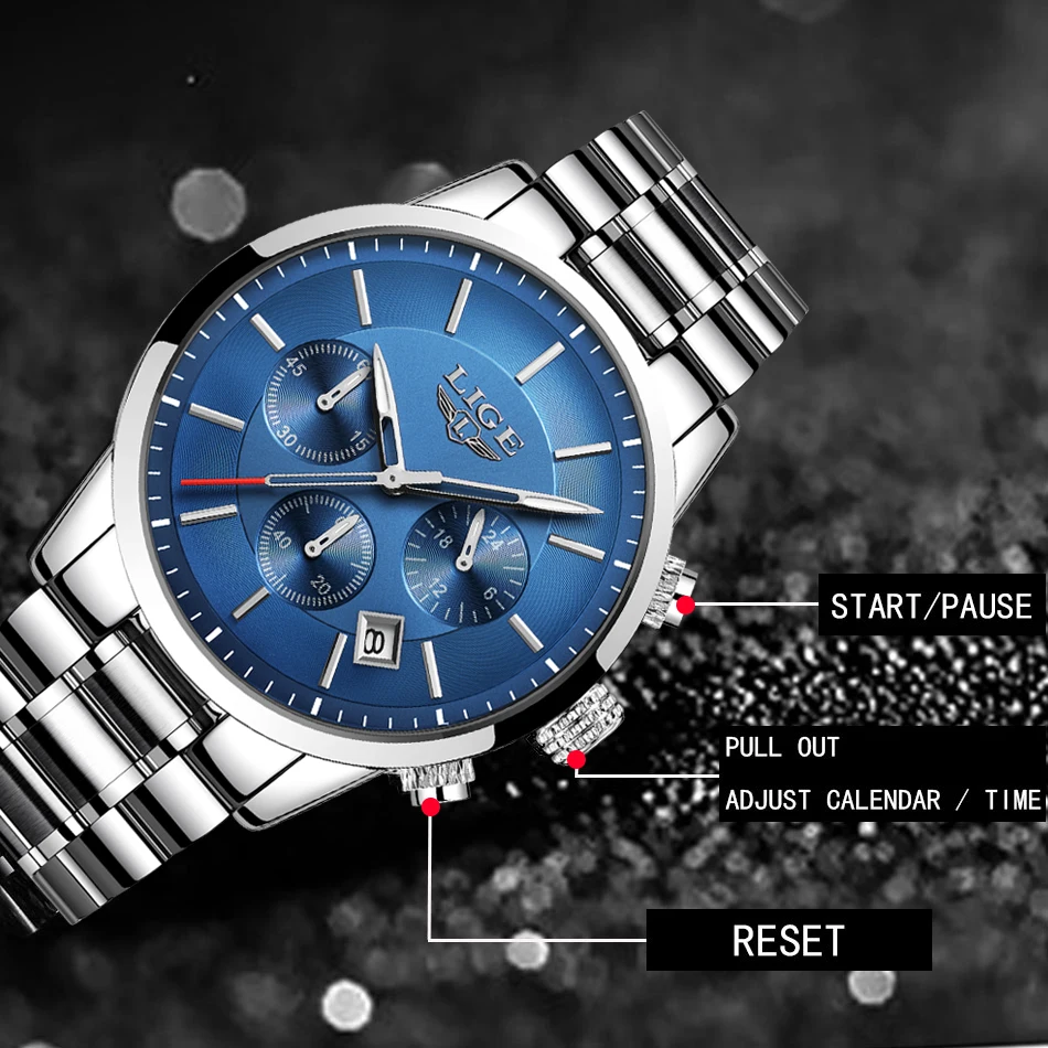 Модные Роскошные мужские часы бренд LIGE хронограф для мужчин спортивные часы водостойкий полный сталь Аналоговые Кварцевые Relogio Masculino