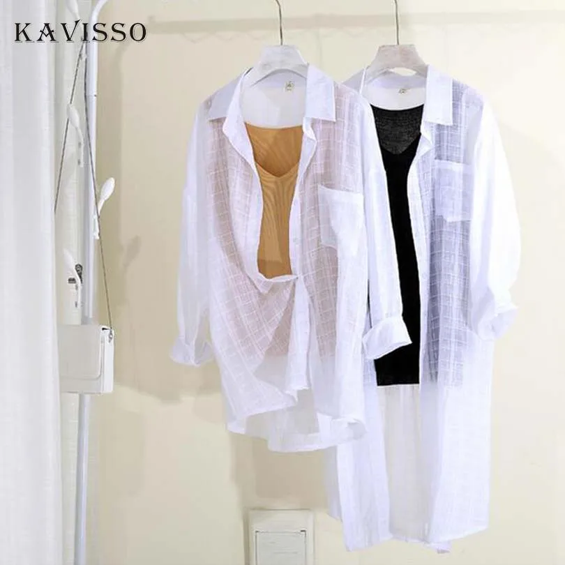 

KAVISSO 2018autumn cardigan blouse women long sleeve thin breathable white linen shirt summer boho plaid Sun protection clothing