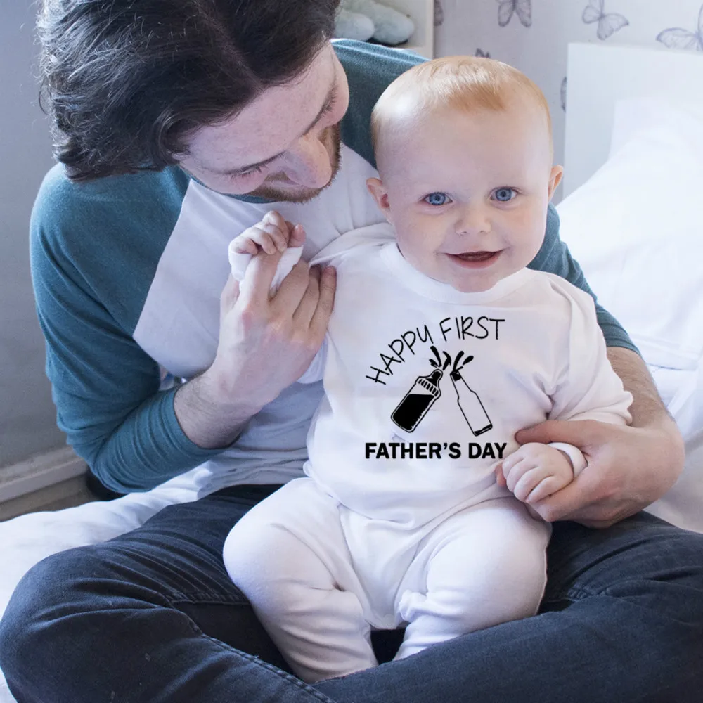 

Happy First Print Newborn Infant Baby Boy Girl Short Sleeves Cotton Bodysuit Fathers Day Jumpsuit Outfits Summer Casual Sunsuit