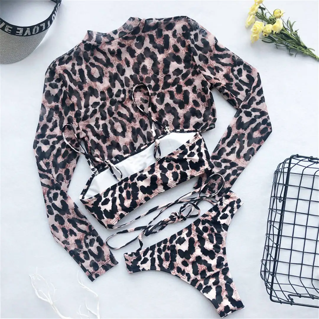 Sexy Leopard Bikini Long Sleeve Swimsuit Female Women Swimwear Three-pieces Bikini set Bather Bathing Suit Swim Wear V1583