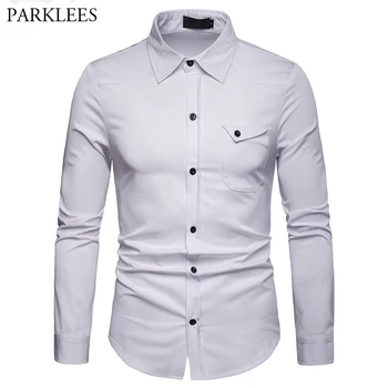 

Fake Pocket Long Sleeve Shirt Men 2019 Brand New Slim Fit Dress Shirts Men Casual Button Down Business Social Work Shirt Male