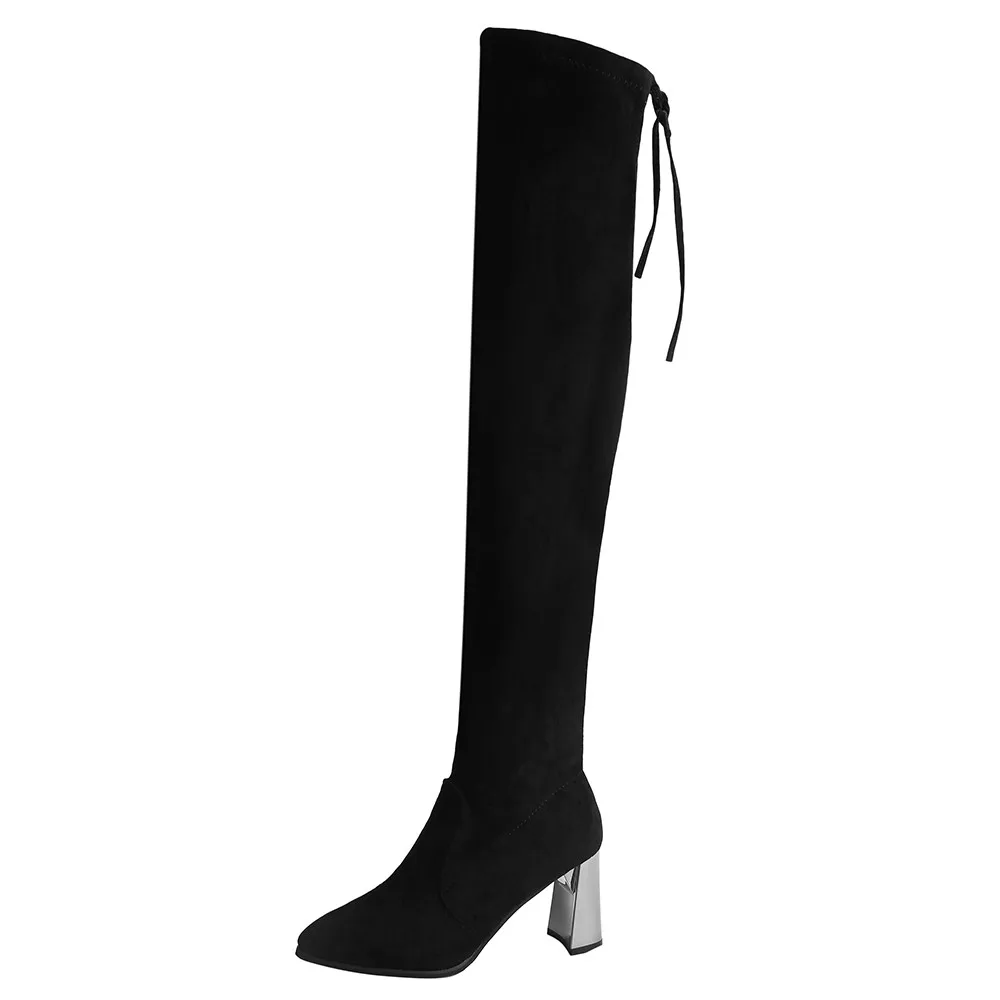 Женские ботфорты из флока с острым носком пикантная женская обувь на высоком каблуке со шнуровкой зимние сапоги на шнуровке теплые Размеры 35-40