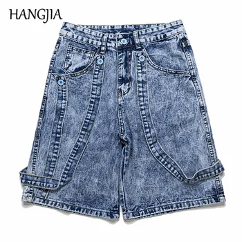 

Blue Slim Fit Denim Shorts Men's High Street Snow Wash Cargo Shorts Jeans for Men Women Retro Casual Ribbons Denim Knee Length