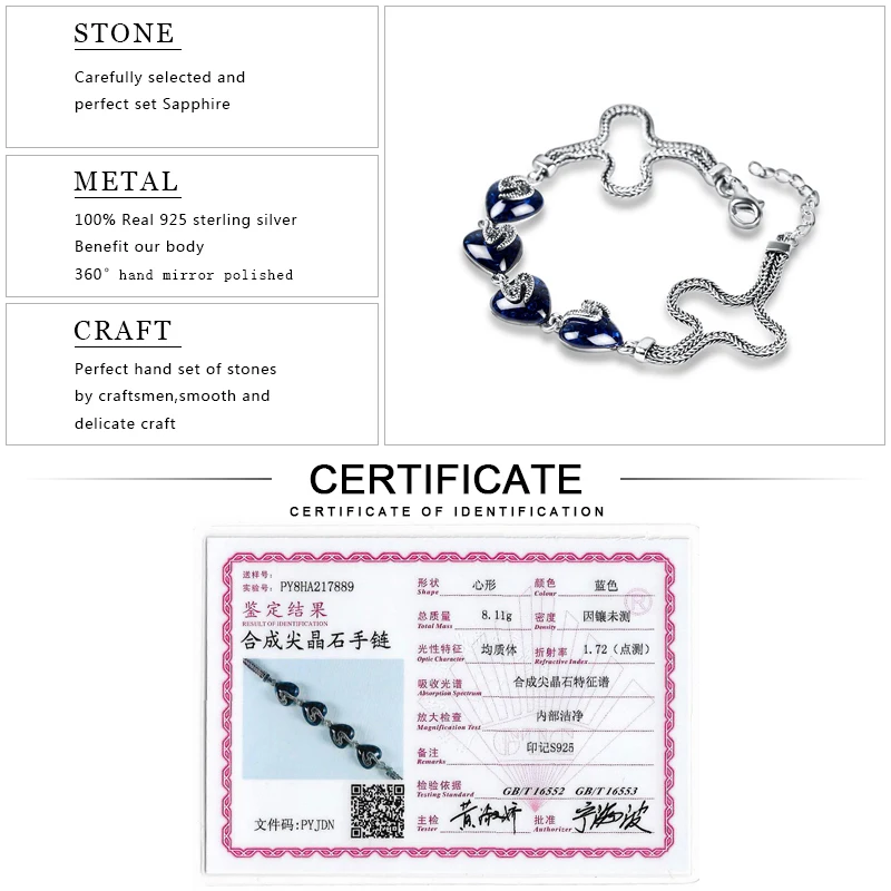 EDI Vintage Thai Silver Design Simulated Sapphire Bracelets For Women Natural Style With 925 Sterling Silver Fine Jewelry