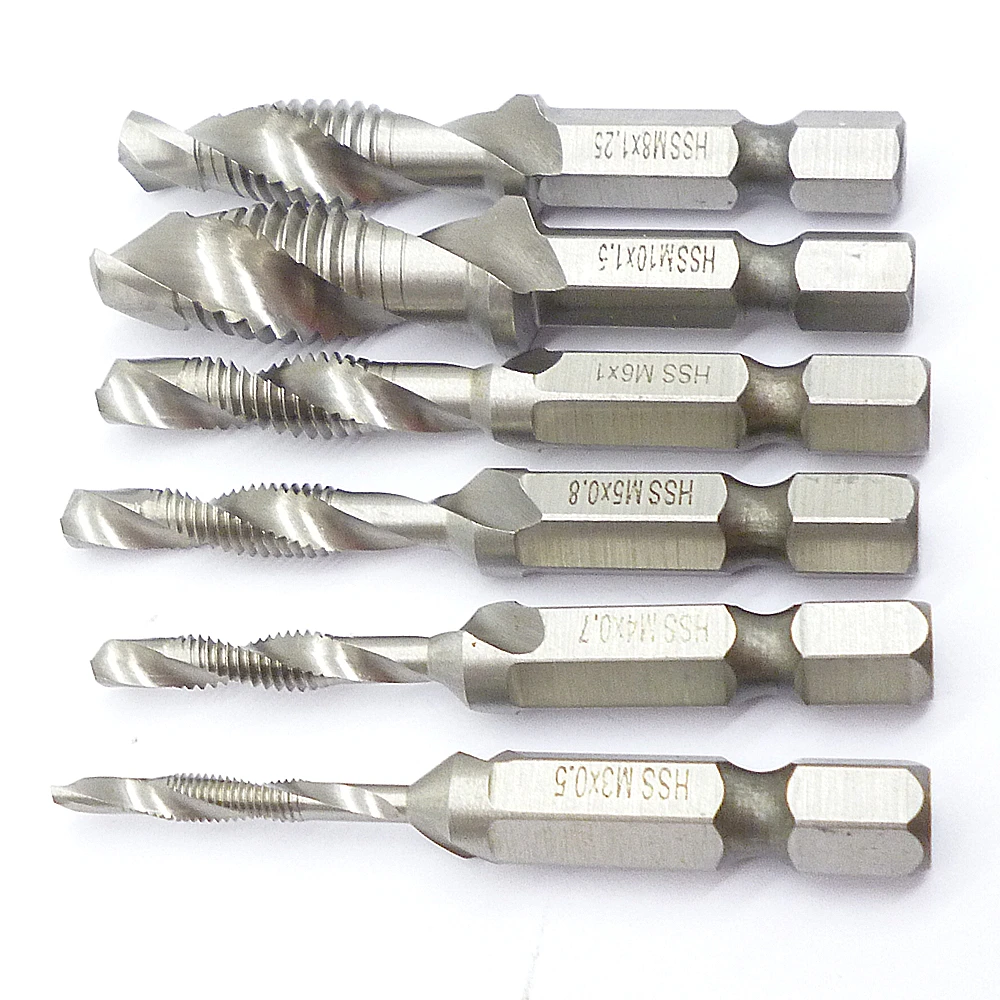 6pc HSS Combination Drill Tap Bit Tapping Deburring Countersink 1/4 Hex