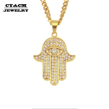 

CY&CM Stainless Steel Gold Color Hamsa Hand Pendant Iced Out Rhinestone Hand of Fatima Charm Rapper Hip Hop Jewelry Cuban Chain