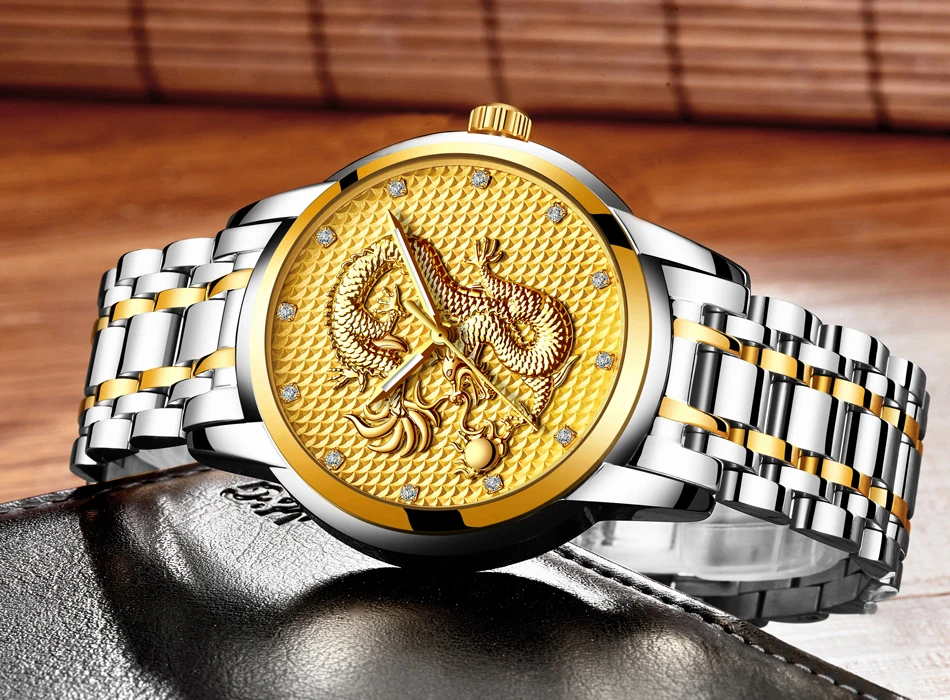 2021 LIGE New Golden Mens Watches Top Brand Luxury Chinese Dragon Watch Business Full Steel Quartz Clock Male Relogio Masculino