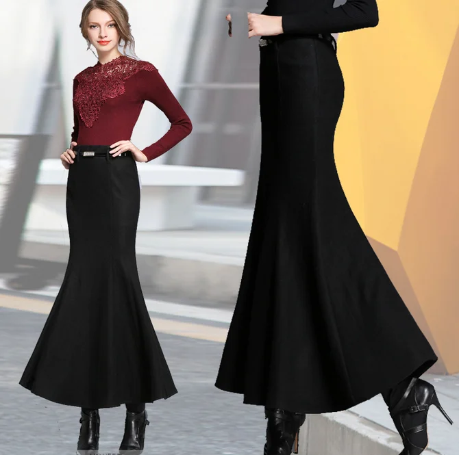 Womens Slim Fishtail Pencil Skirt Mermaid Party Black Woolen Warm I443