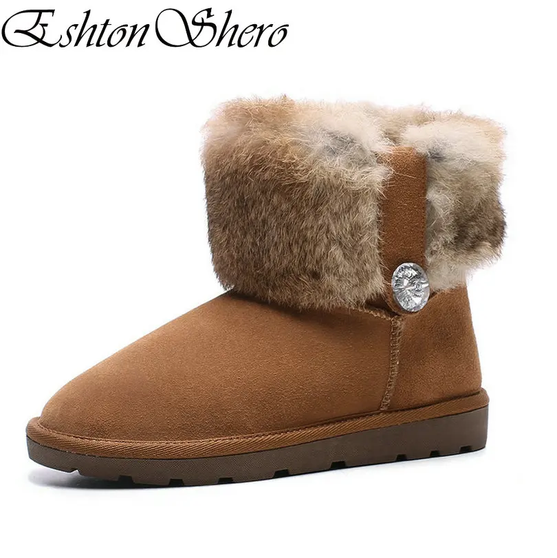 

EshtonShero Winter Women Shoes Woman Ankle Boot Fur-lined Round Toe Cow Suede+Plush Brown Flat Heel Ladies Snow Boots Size 34-40