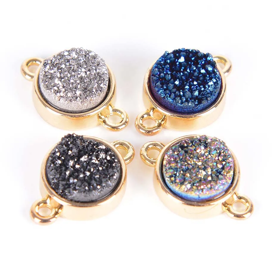 

1PC Gold-Color Double Loops Natural Round Stone Crystal Drusy Beads for Bracelets Pendants Earrings Needlework Jewelry J035