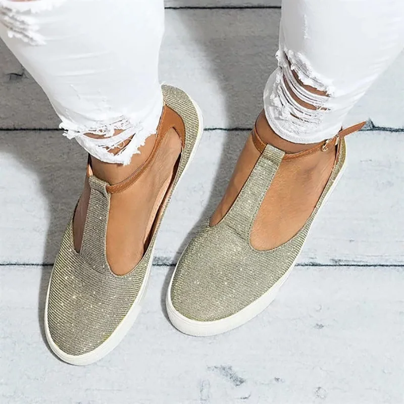 COSIDRAM/Новинка года; летние женские босоножки; модные женские туфли на плоской подошве с закрытым носком; однотонная женская обувь; дышащая обувь размера плюс SNE-065 - Цвет: Golden Gray