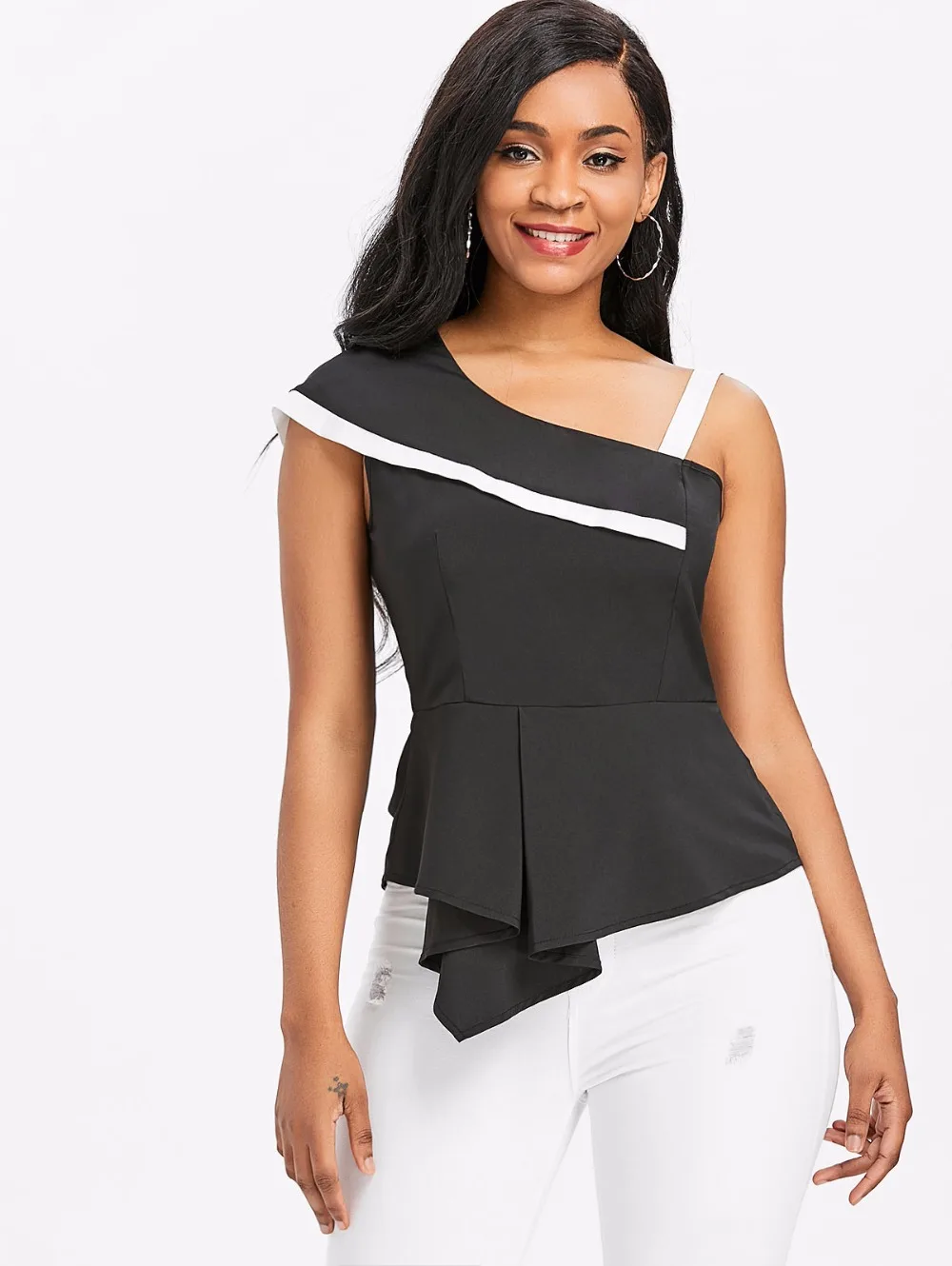 VESTLINDA One Shoulder Skew Neck Peplum Asymmetrical Black Blouse Womens Tops and Blouses Summer Top 2018 Clothes Blouse Shirt 8