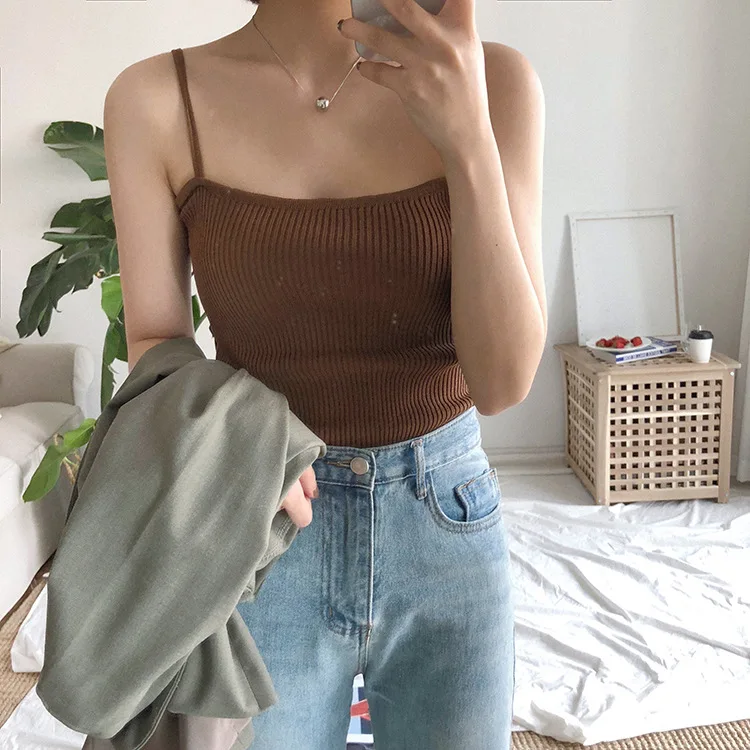 Яркие цвета Трикотажная майка на бретельках Женские Короткие топы Tamls Camis Camisole tank Moda Mujer вязаная футболка без рукавов жилет