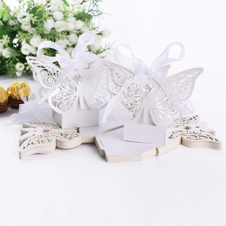 

RMTPT 50Pcs Laser Cut Wedding Favors Candy Boxes Pearl Paper Gifts Box for Marriage Birthday Shower Party Decors (Butterfly)