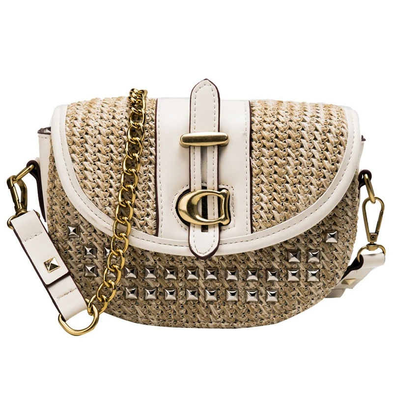 

FGGS-New Casual Straw Single Shoulder Messenger Bag Korean Version Of the Wild Chain Saddle Bag