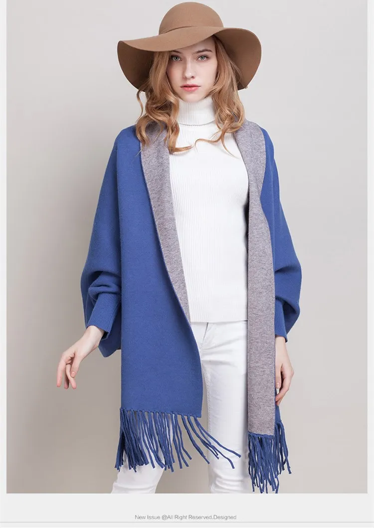 2016 Autumn New Women's Elegant Socialite Cashmere Tassel Cardigan Sweaters Batwing Sleeve Scarf Cape Outwear Poncho Top Quality