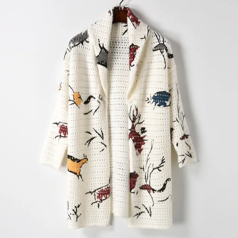 

New arrival 2018 spring autumn fashion women hollow out mid-length cardigan african animal print knit outerwear white