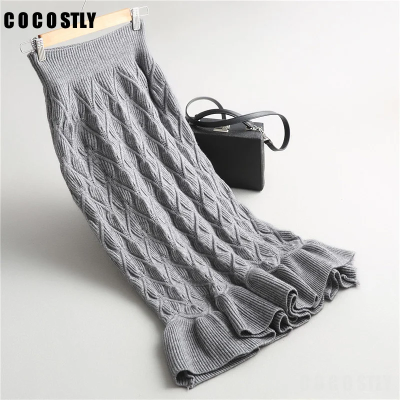 

Winter Skirt Women Knit Wear Bodycon Wool Skirt Mermaid SlimTight High Waist Wrap Hips Long Skirts Ruffles faldas feminina saia