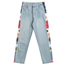 INS хит, женские винтажные джинсы, полная длина, с боковой печатью, Улица Сезам, женские джинсовые брюки, рваные, Женские джинсовые штаны