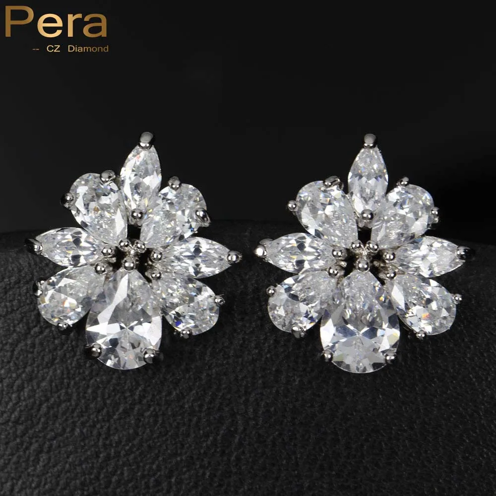 

Pera Hot Selling Big Flower Cubic Zirconia Stone Pave Setting Silver Color Stud Earring Jewelry For Women Party Accessoires E094