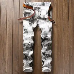 Мужской Уникальный джинсы из хлопка человека повседневное характер узор байкер джинсы для женщин новый бренд 3D белый печатных для мужчин's