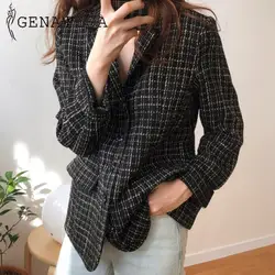 Genayooa офисные женские блейзеры и куртки 2019 элегантное клетчатое пальто шерстяное высококачественное черное пальто женские повседневные