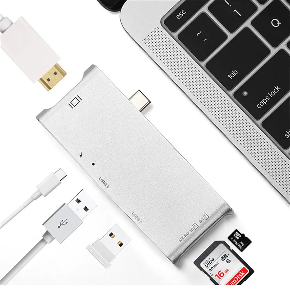 Basix USB C usb-концентратор-C к HDMI 4 K адаптер+ 2 Usb 3,0 Порты+ SD TF картридер+ Тип C PD зарядки Hub для MacBook Pro USB-C концентратора
