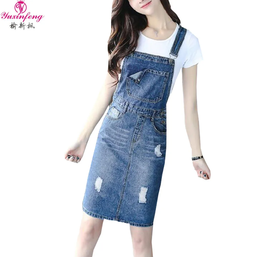 

Plus Size Denim Dress Women 2019 Summer Strap Jeans Dress Preppy Suspender Ripped Denim Sundress Ladies Blue Overall Dress