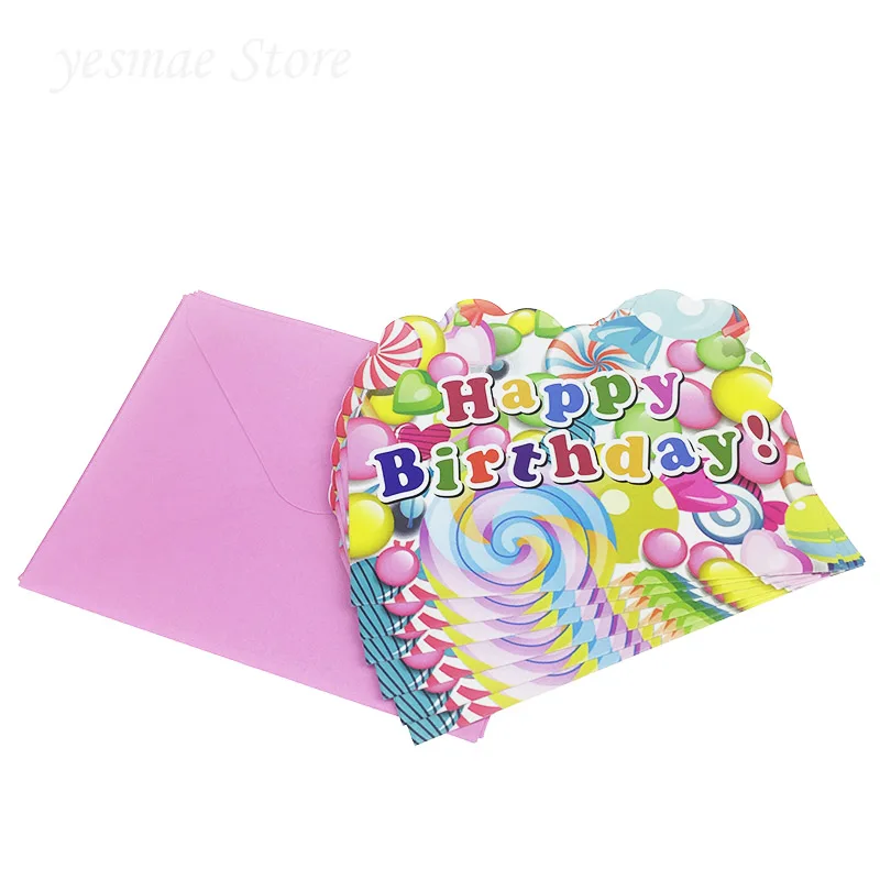 

6pcs cards+ 6pcs envelopes sweet sugar Lollipop Theme Party Paper Invitation Card Kids Baby Birthday Party Decorations Supplies