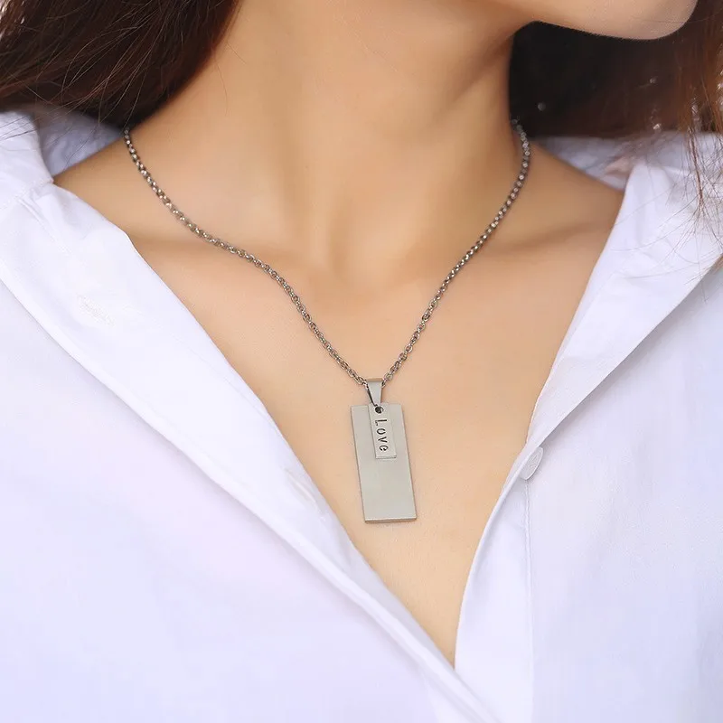 Double Rectangle Tag Hollow Cut LOVE Pendant Stainless Steel Personalized Bar Charm Nceklace for Men Women Jewelry | Украшения и