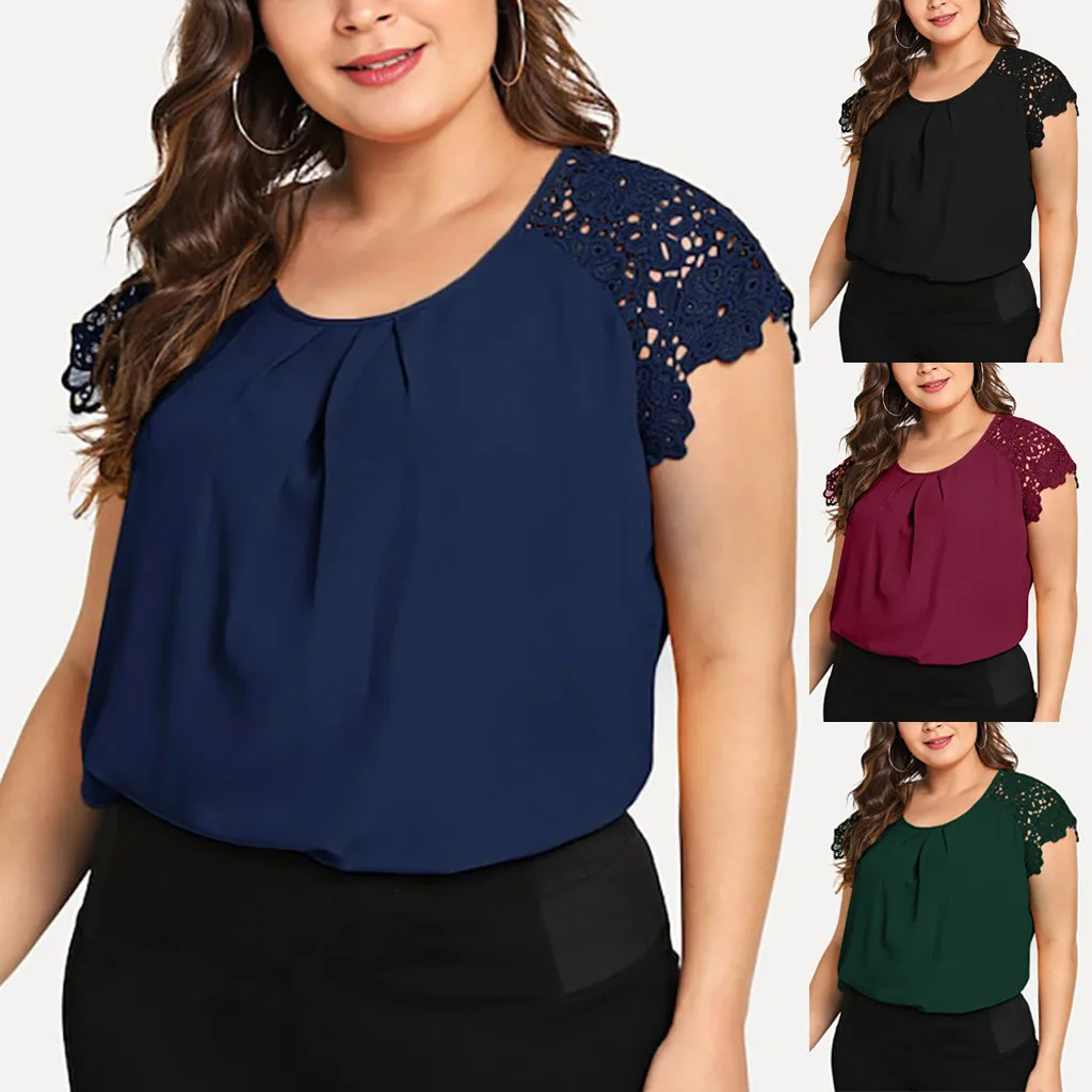 Блузка больших размеров, модная женская Однотонная рубашка с круглым вырезом и цветочным рисунком, Женская кружевная рубашка на плечо, топы, блузка большого размера, свободные топы
