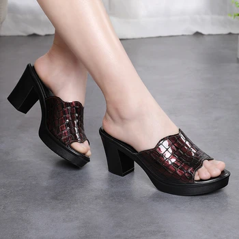 

2019 summer new women slippers platform soft surface genuine leather wedding shoes 8CM high-heeled sandals women slippers